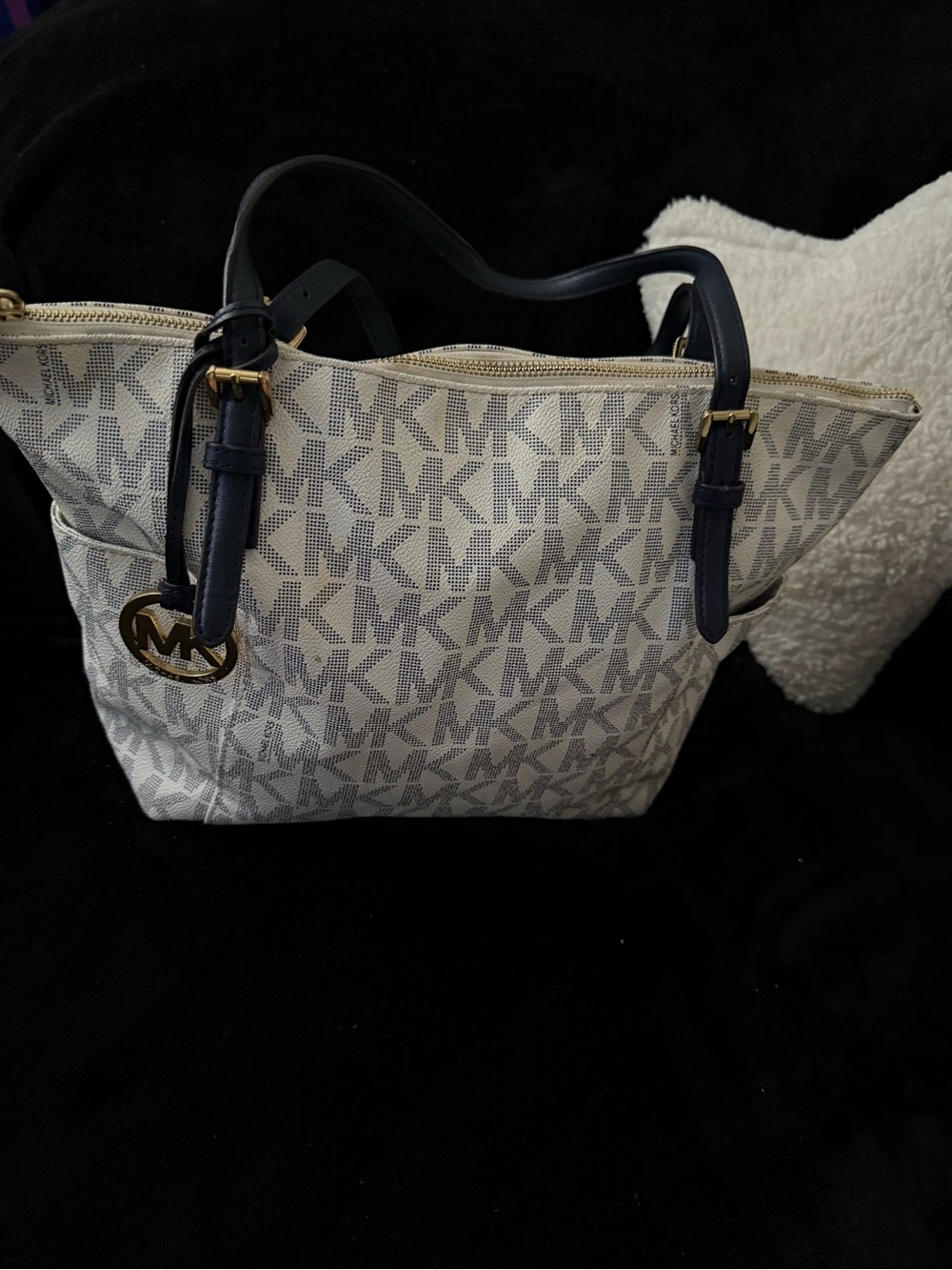 Michael Kors Cream/Blue Signature MK Tote with Gold Charm